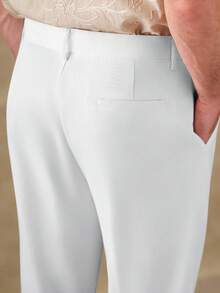 Core Aspect 男士白色亞麻休閒長褲，優雅夏季婚禮禮服西裝褲，修身彈性百褶錐形褲，附腰帶環與拉鍊 - 白色 - 查看 8