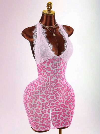 Amplova Women's Fashion Sexy Lace Patchwork Leopard Print Backless Bodycon Mini Dress