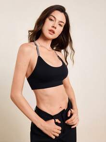 女士无钢圈运动文胸，法式健身瑜伽交叉肩带背心 - 黑色 - 查看 6