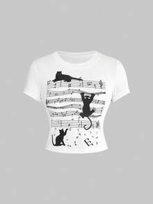 ROMWE Camiseta con estampado de gato kawaii para mujer, primavera/verano - Blanco - Ver 3