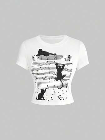 Maglietta da donna con stampa kawaii di gatti, adatta per primavera/estate