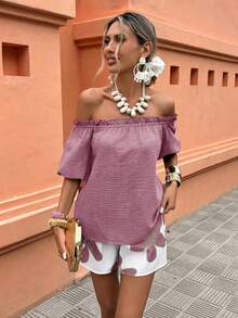 Selianne Women's Off-Shoulder Printed Shirt And Shorts 2-Piece Set, Casual Holiday Outfit - Multicolor - View 3