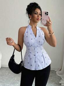 Elenzga Camisa de mujer de cuello halter a rayas, versátil y casual para uso diario - Multicolor - Ver 1