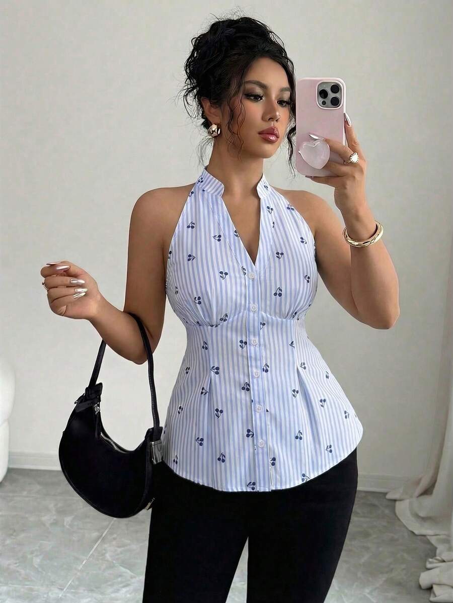 Elenzga Camisa de mujer de cuello halter a rayas, versátil y casual para uso diario - Multicolor - Ver 1