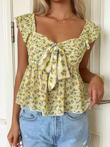 CovetEZ Women's Bohemian Style Yellow Floral Print Woven Summer Shirt, Fashionable Choice For Spring And Summer,Summer Top - Light Yellow - View 3