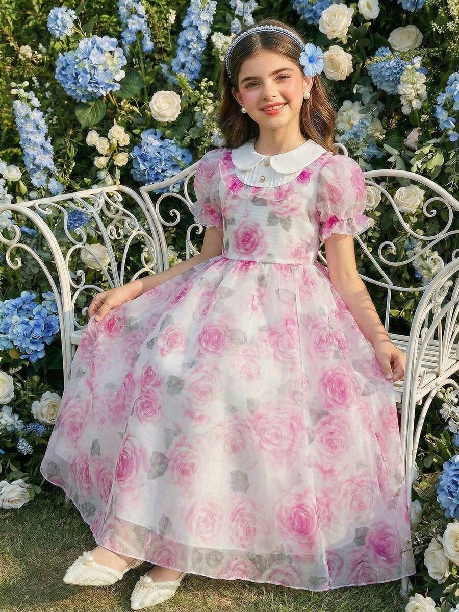 Mädchen süßes Organza bedrucktes Stehkragen Rüschen Blütenärmel Taille ausgestelltes Prinzessinnenkleid, geeignet für Blumenmädchen, Hochzeit, Party, Geburtstag, Bankett, alle Jahreszeiten - Mauve - Übersicht 1