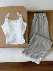 Comfortcana 大码休闲条纹蕾丝吊带背心两件套 - 黑與白 - 查看 6