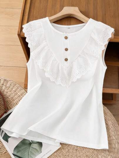 Louniche Women's Lace Trim Decorative Button Casual T-Shirt, Elegant Solid Color Cute White Top White Elegant Top White Top Women White Ruffle Top Ruffle Blouse Tops Women Summer Women Tops Elegant Cute White Tops White Ruffled Top White Tops For Women Elegant Z65c7 Code Clothes For Ladies Discount Women's Vest Tops Women's White Top Women's Tops And Blouses Working Blouse