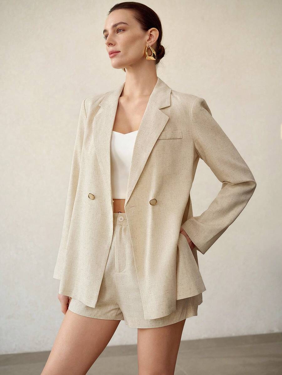 MOTF PREMIUM 闪亮金色亮片亚麻时尚女式西装外套 - 杏色 - 查看 1