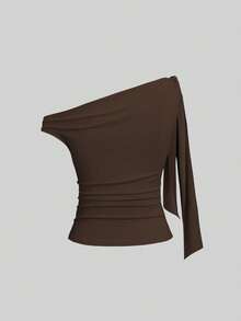 SHEIN Sweetro Women's Summer Asymmetric Neck Metal Butterfly Decor Bodycon Top - Mocha Brown - View 2