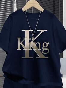 Tween Boys Casual Minimalist Round Neck Short Sleeve Shorts 2 Pieces Set, Suitable For Summer, Classic King Text Graphic Print Big Boys Outfit Sets Kids Outfit Boys Shorts Set Boys Clothing Set Boys T-Shirt And Shorts - Navy Blue - View 4