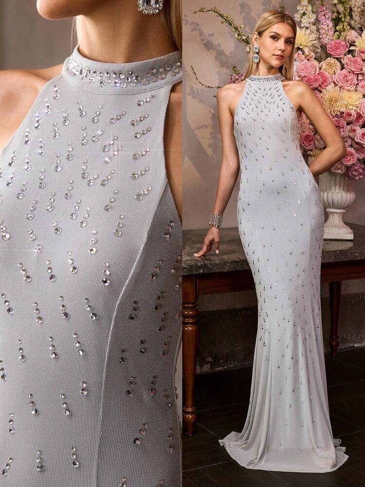 MOTF Soiréza WOMEN'S RHINESTONE EMBELLISHED STAND COLLAR LONG FORMAL DRESS