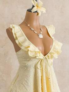 Bellisia 女士沙滩套装，浅黄色纹理针织面料，荷叶边装饰，深V领系带设计，金色串珠点缀，时尚休闲度假性感甜美可爱女士泳装套装，吊带比基尼 - 淡黃色 - 查看 7