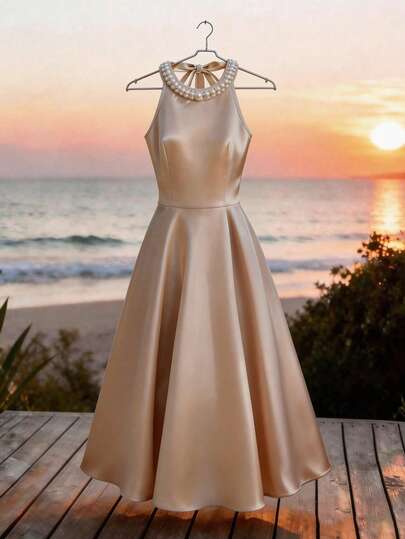Franclia Elegant Commuter Round Neck Sleeveless Acetate Beaded Back Tie Waist Fitted Casual Party Dress For Women Pearl Dress Champagne Formal Dress Elegant Dress Classy Dress Dress Beach Tea Length Dress Satin Dress Elegant Belle Elegant Dress