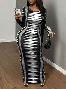 SHEIN SXY Plus Size Women Tight Fitting Abstract Print Long Dress - Black and White - View 7