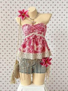 INAWLY Women's Vacation Cashew Pattern Contrast Lace Bandeau Top - Baby Pink - View 3