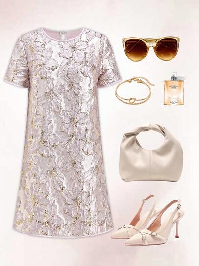 Ellevyn Women's Round Neck Jacquard Casual Party & Outing Mini Dress Summer Dress Summer Outfits For Women Wedding Guest Dresses   Elegant Dress For Women  Formal Dresses  Casual Dresses For Women  Satin Jacquard Elegant Short-Sleeved Loose-Fitting Midi Skirt