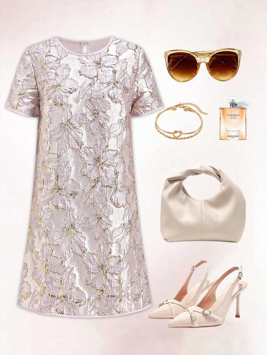 SHEIN Clasi 女士圆领提花休闲派对外出迷你连衣裙 夏季连衣裙 女士夏季服装 婚礼宾客礼服 女士优雅连衣裙 女士正式礼服 女士休闲连衣裙 缎面提花优雅短袖宽松中长裙 女士服装 女士春季服装 女士连衣裙 女士服装 女士夏季服装 女士度假服装 - 粉色 - 查看 1