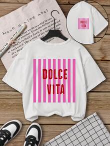 夏季波西米亚风柔软条纹英文印花短袖T恤，休闲舒适，春夏时尚百搭，适合户外活动、野餐、街头摄影、居家、上学、节日等场合，也是馈赠佳品。宽松版型，复古风，适合青少年女孩夏季穿着。 - 白色 - 查看 5