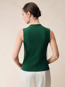 Anewsta Blusa sin mangas de verano para mujer, diseño de lujo retro francés con cuello alto de satén, diseño con flecos, elegante chaleco verde, adecuado para citas, fiestas y uso diario - Verde - Ver 3