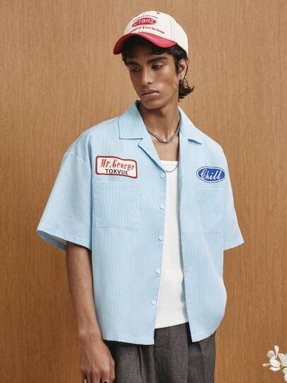 TOKVUE Men's Blue And White Striped Letter Print Shirt