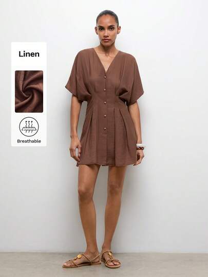 Maija Women's Casual Solid Color V-Neck Waist Cinched Short Dress,Summer Clothes, Brown Dress, Beach Outfit ,Summer Holiday Outfits,Vacation Outfits For Women