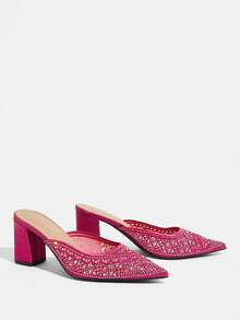 CUCCOO TILAWA Women's Fashionable Party Rhinestone Chunky Heel Pumps - Red - View 3