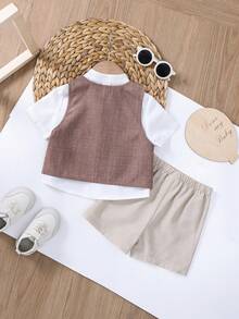 SHEIN Baby Boy Solid Color Single-Breasted Short Sleeve Top, Vest And Shorts Casual Gentleman Suit Set - Multicolor - View 2
