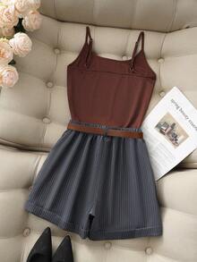 Franclia 女士休闲百搭通勤吊带背心，棕色弹力针织面料，搭配灰色条纹阔腿短裤/长裤（带腰带），优雅两件套，适合春夏穿着。 - 棕色 - 查看 2