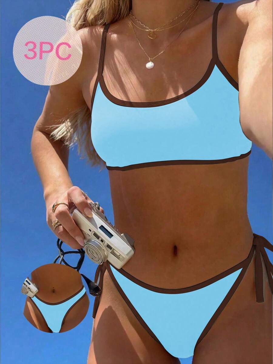 Swim Vcay Conjunto de 3 piezas para mujer 2025 con traje de baño tipo tankini de unicolor con tirantes finos y sin aros - Azul - Ver 1