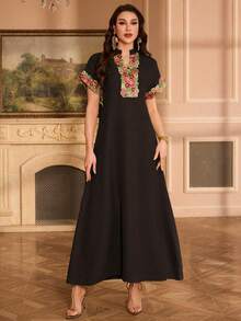 Al Najma Đầm thanh lịch cổ tàu thêu hoa tay raglan - Cà phê nâu - Xem 1