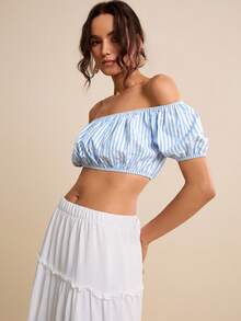 LOTSLUV Women's Blue & White Striped Off-Shoulder Short Sleeve Cropped Top, Spring/Summer - Blue and White - View 3
