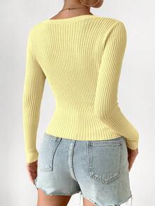 EMERY ROSE Women's Ribbed Fitted Single-Breasted Knit Cardigan,Long Sleeve Button Cover Up,Beach,Vacation,Spring & Summer,Pale Yellow,Casual,Occasion - Yellow - View 2