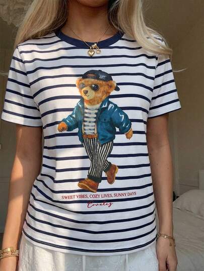CovetEZ Brand New Casual Minimalist Navy Blue Striped Polo Bear Graphic T-Shirt With Healthy Slogan, Suitable For Summer, Vacation, And Home Wear
