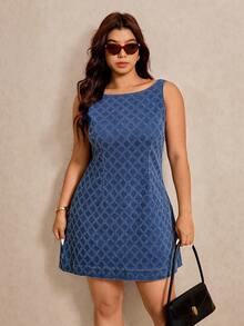 Elaquor 大码女士菱形图案休闲派对牛仔连衣裙 - 藍色 - 查看 6