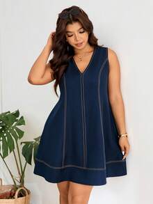 Lounesse Plus Size Women V-Neck Sleeveless Navy Blue Dress - Navy Blue - View 5