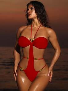 Swim SXY Springbreak 纯色系带后背串珠镂空性感连体泳衣，节日波西米亚风 - 紅色 - 查看 1