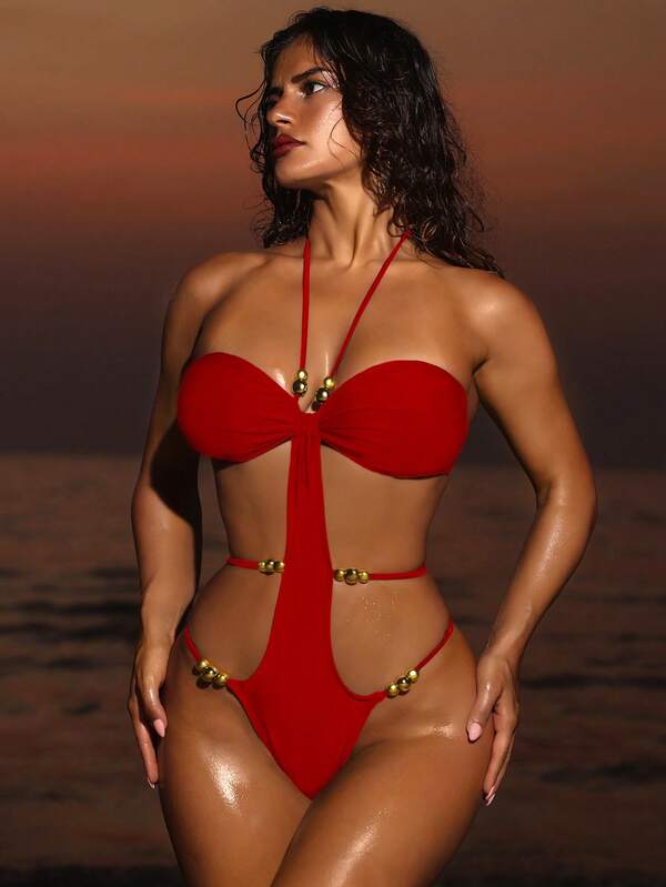 Swim SXY Springbreak 纯色系带后背串珠镂空性感连体泳衣，节日波西米亚风