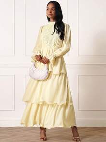 Lilora Women's Contrast Lace Stand Collar Ruffle Hem Elegant Dress - Apricot - View 3