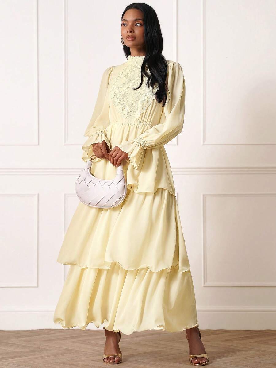 Lilora Vestido largo de cuello alto con mangas largas y detalles de encaje delicado y volantes en capas, vestido para invitada de boda, último modelo, vestido modesto de mujer amarillo, vestido de mujer elegante