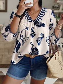 Weeklong 大码休闲印花V领灯笼袖衬衫 - 彩色 - 查看 1