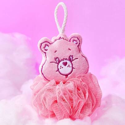 SHEIN X Care Bears 1 Quả bóng tắm hình gấu tình yêu màu hồng hoạt hình dễ thương, bông tắm, lưới xốp siêu mềm dùng cho bồn tắm, kèm dây đeo.