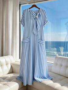 Franclia Holidaya Women's Elegant Blue And White Stripe Maxi Dress,Summer Casual Vacation Holiday Coastal Beach Short Sleeve Bow Pocket Loose Gowns Cover Ups - Blue - View 1