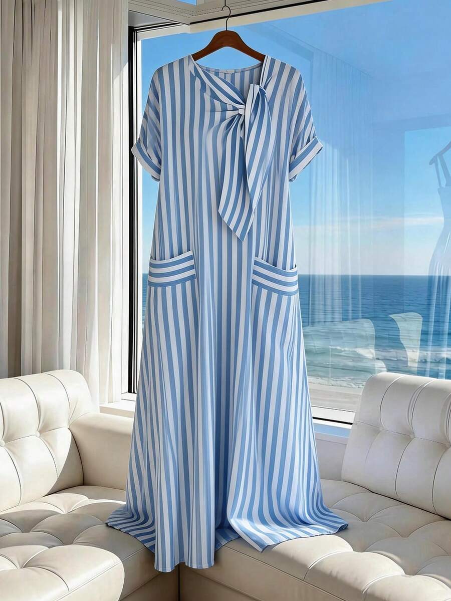 Franclia Holidaya Women's Elegant Blue And White Stripe Maxi Dress,Summer Casual Vacation Holiday Coastal Beach Short Sleeve Bow Pocket Loose Gowns Cover Ups - Blue - View 1