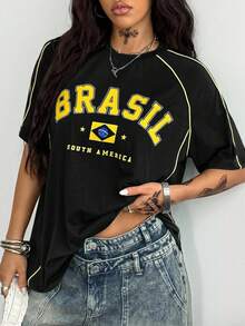 Coolane 女士加大码春夏及男士情侣同款街头风返校季棉质条纹纹理装饰加大码绿色针织T恤 - 黑色 - 查看 2