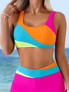 SHEIN Swim 女士泳装上衣，欧美夏季泳装，度假比基尼，多色拼接 - 彩色 - 查看 1