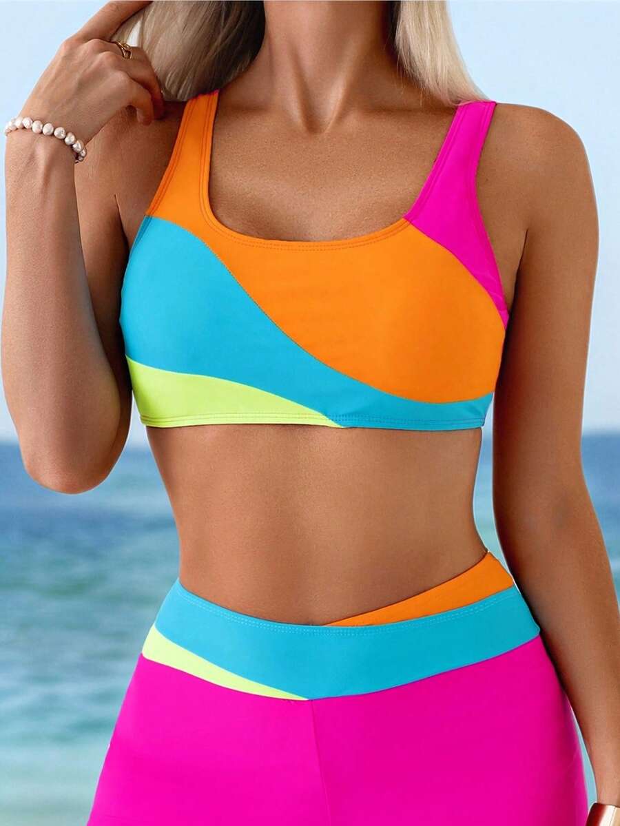 SHEIN Swim 女士泳装上衣,欧美夏季泳装,度假比基尼,多色拼接 - 彩色 - 查看 1