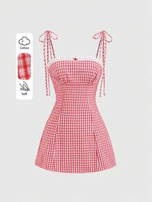 Sweetra 女士夏季新款优雅性感甜美蕾丝拼接红白格子收腰吊带蝴蝶结连衣裙半身裙 - 紅白色 - 查看 1