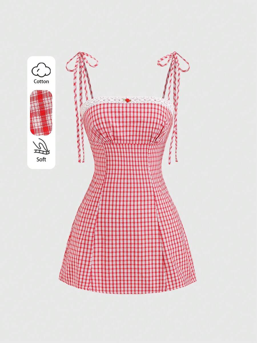 Sweetra 女士夏季新款优雅性感甜美蕾丝拼接红白格子收腰吊带蝴蝶结连衣裙半身裙 - 紅白色 - 查看 1
