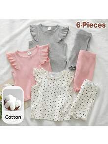 Loomiva 6pcs Baby Girl White And Black Polka Dot, Summer, Cute, Family Matching Solid Color Knit Round Neck Top And Elastic Waist Shorts Set, Cotton Baby Girl Outfit - Multicolor - View 1
